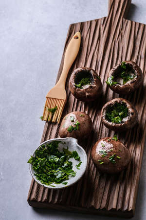 stuffed mushrooms on a gray background. high quality photoの写真素材