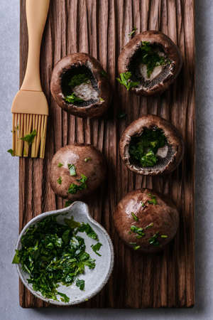 stuffed mushrooms on a gray background. high quality photoの写真素材