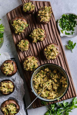 stuffed mushrooms on a gray background. high quality photoの写真素材