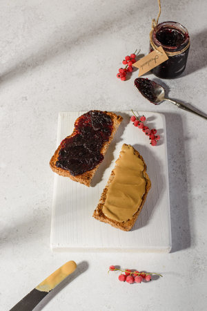 bread with berry jam and peanut butter