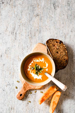 pumpkin soup on a light background. high quality photoの写真素材