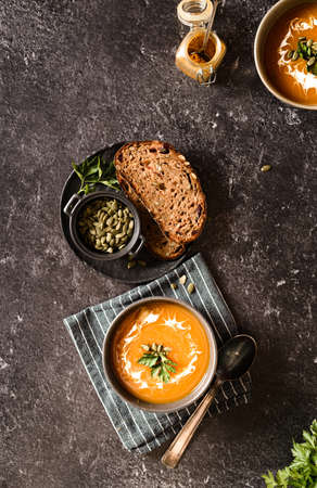 pumpkin soup on a dark background. high quality photoの写真素材