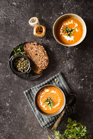pumpkin soup on a dark background. high quality photoの写真素材