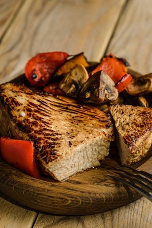 turkey fillet fried on wooden. high quality photoの写真素材