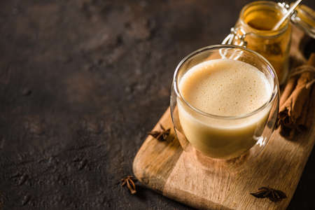 turmeric latte on a dark background. high quality photoの写真素材