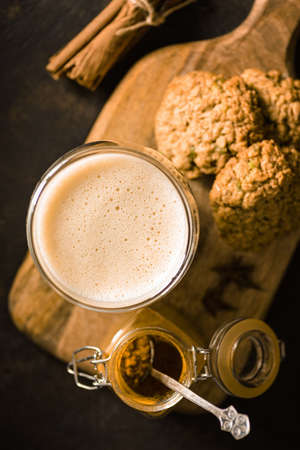 turmeric latte on a dark background. high quality photoの写真素材