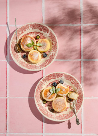 cheesecakes with powdered sugar on a pink background. high quality photo