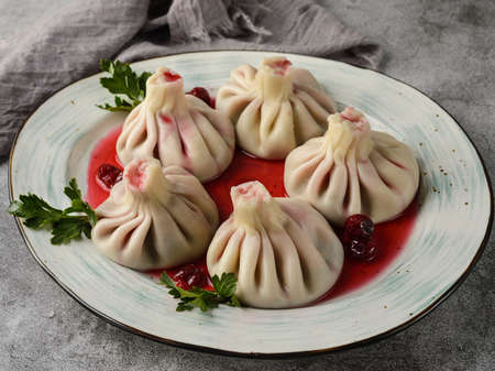 khinkali with cherry Georgian cuisine. high quality photoの写真素材