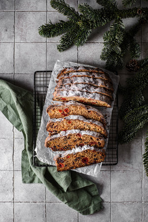 christmas stollen on a gray backgroundの写真素材