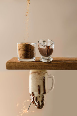 milkshake with chocolate on a beige backgroundの写真素材