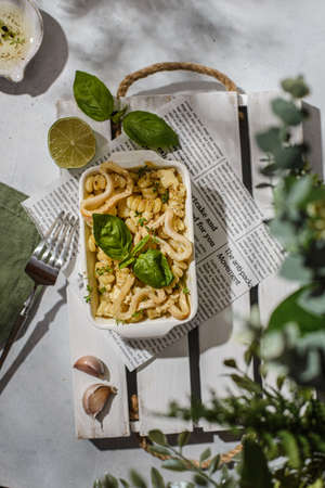 casserole with pasta and squidの写真素材