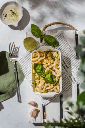 casserole with pasta and squidの写真素材