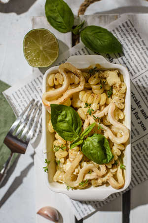 casserole with pasta and squidの写真素材