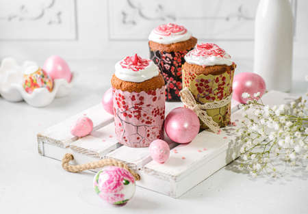 easter cakes and eggs on a white tray. high quality photoの写真素材