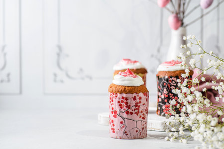 easter cakes at the Easter tree. High quality photo, copyspace horizontal