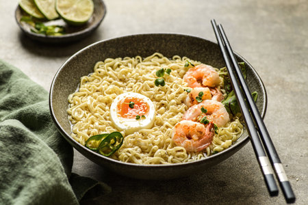 noodles with shrimp and egg. Japanese chopsticks are on top of the plate