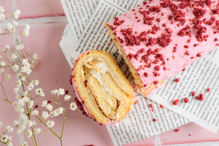 sponge roll in pink glaze. high quality photo