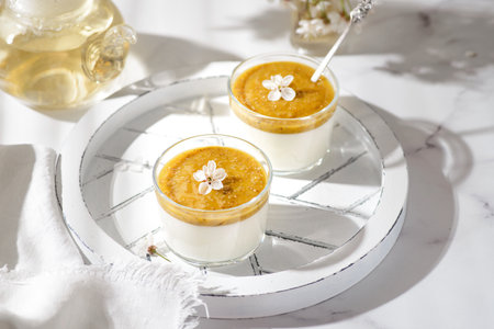panna cotta with mango puree and chia seeds on a white tray on a bright sunny dayの写真素材