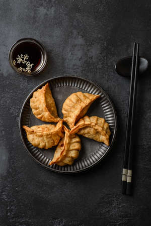 gyoza on a black background on a plate. high quality photoの写真素材