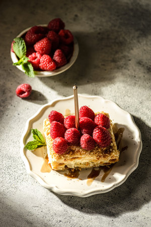 napoleon cake on a gray background. the cake is made of puff pastry cakes with custard and decorated...