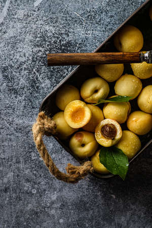 apricots in a box on dark background. There is a knife nearby and there are water droplets and leaves on the apricotsの写真素材