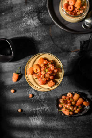 panna cotta on a dark background. panna cotta with raspberries and currantsの写真素材