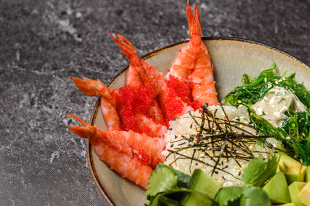 poke bowl with shrimp and beansの写真素材