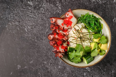 poke bowl with octopus and avocadoの写真素材