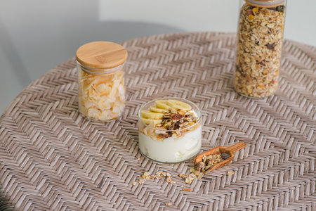 yogurt with muesli and banana, honey. high quality photoの写真素材