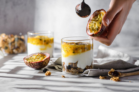 dessert with yogurt and passion fruitの写真素材