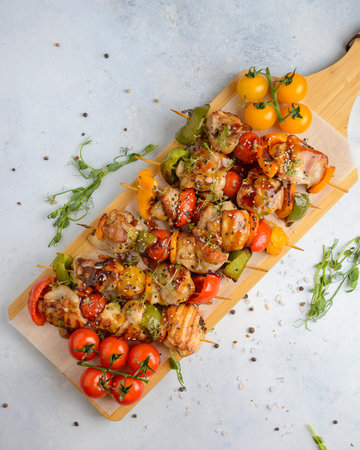 kebabs with chicken and vegetables on a skewer. high quality photoの写真素材