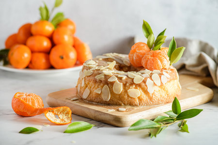 round gluten-free almond flour cake with tangerines on a white marble background, decorated with almond petalsの写真素材