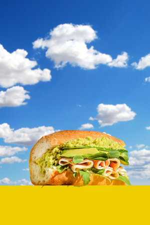 baguette with avocado and parma. against the sky in a yellow delivery boxの写真素材