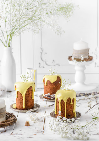 Easter cakes with icing on a light background. high quality photo
