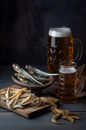 beer with dried fish on a dark background. high quality photoの写真素材