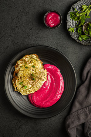 beetroot mousse in a black plate, modern cuisine, cabbage High quality photoの写真素材