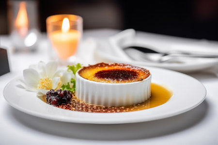 creme brulee in a restaurant romantic atmosphere. high quality photoの写真素材