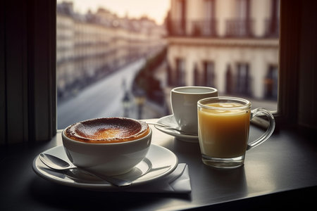 creme brulee in a restaurant with a view of Paris. high quality photoの写真素材