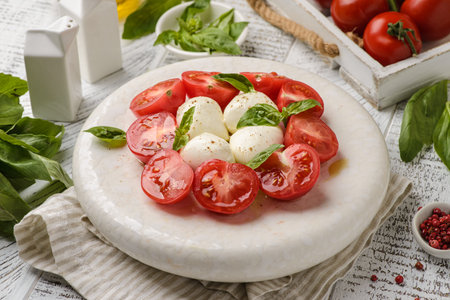 tomatoes with mozzarella and basil. high quality photoの写真素材