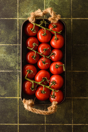 tomato cherry on branch on a trendy background of green tiles. high quality photoの写真素材