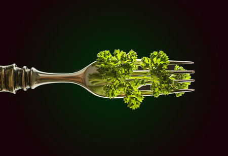 parsley on a fork on a black background. high quality photoの写真素材