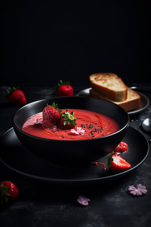 strawberry soup with ice cream on a dark background. high quality photoの素材