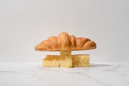 croissant with cheese on a white background. balancing composition in the style of modern minimalismの写真素材