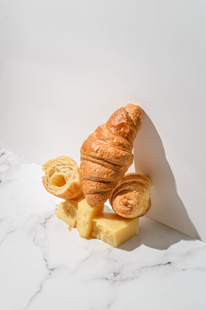 croissant with cheese on a white background. balancing composition in the style of modern minimalismの写真素材