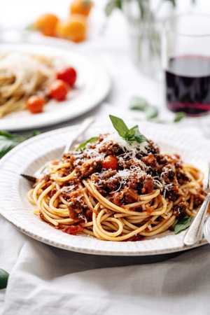 spaghetti bolognese with minced meat, restaurant atmosphere. high quality photoの写真素材