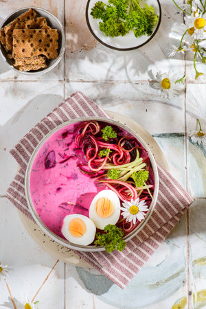 kholodnik Belarusian cold beetroot, egg and cucumber soup, refueled with kefir. high quality photoの写真素材