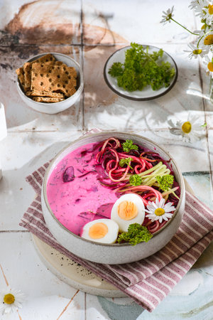 kholodnik Belarusian cold beetroot, egg and cucumber soup, refueled with kefir. high quality photoの写真素材
