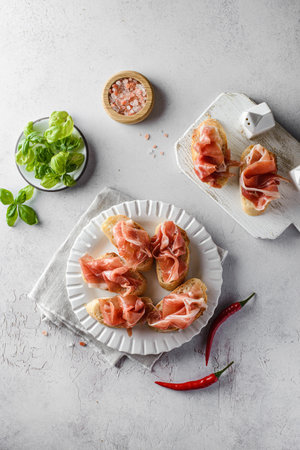 bruschetta with jamon and cheeseの写真素材