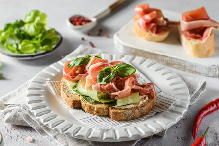 bruschetta with jamon and cheeseの写真素材
