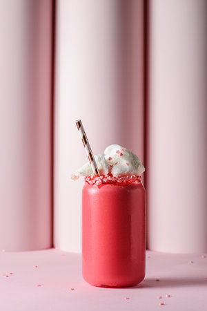 pink barbie smoothie drink with cotton candy. high quality photoの写真素材